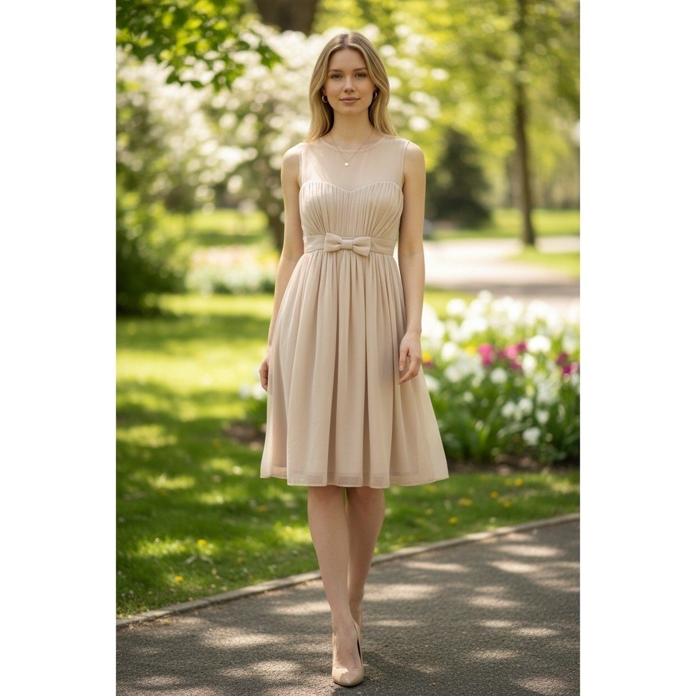 Elana Beau NWT‎ Pleated Bow Waist Dress Beige Sleeveless Midi Luxe Party $220 - Picture 11 of 11